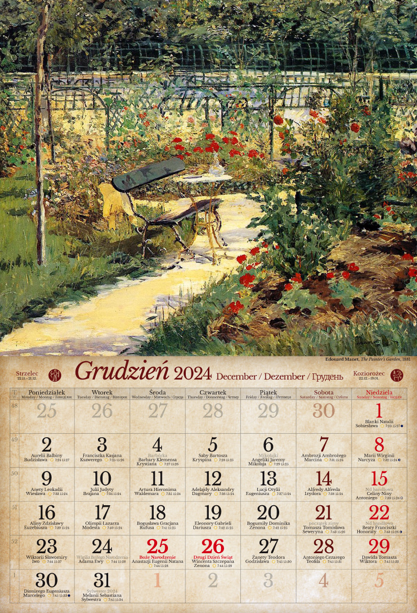 Kalendarze 2024 Rok Kalendarz Naścienny Wieloplanszowy A3 2024 Impresjonizm Pan Kalendarzyk 9294